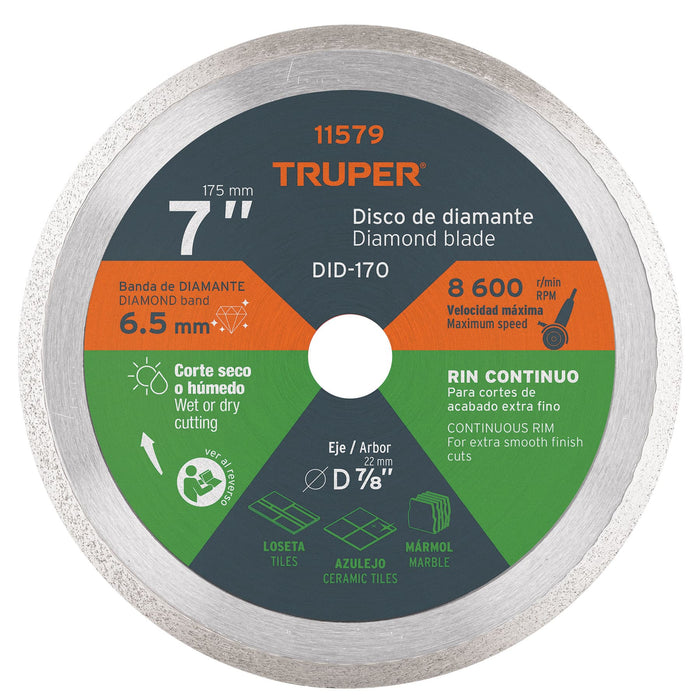 Disco de diamante de 7' x 2.2 mm rin continuo, Truper 11579 DID-170