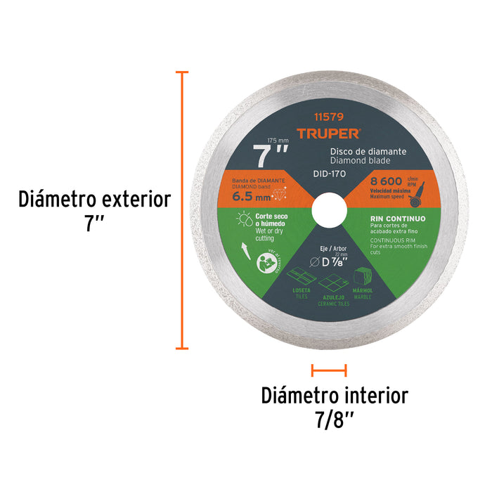 Disco de diamante de 7' x 2.2 mm rin continuo, Truper 11579 DID-170