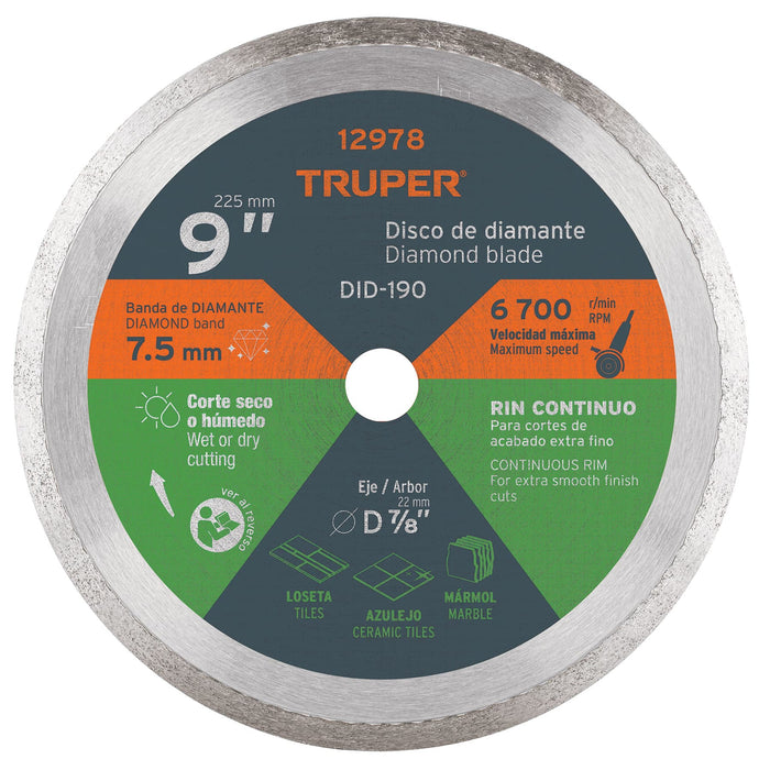 Disco de diamante de 9' x 2.2 mm rin continuo, Truper 12978 DID-190