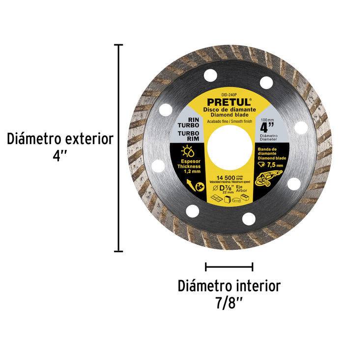 Disco de diamante de 4' x 1.2 mm rin turbo, Pretul 27016 DID-240P