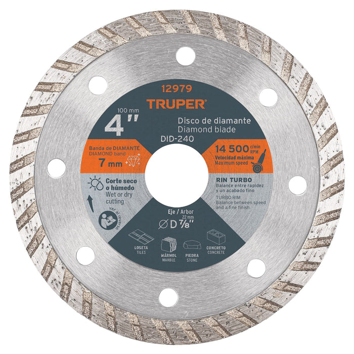 Disco de diamante de 4' x 2.2 mm rin turbo, Truper 12979 DID-240