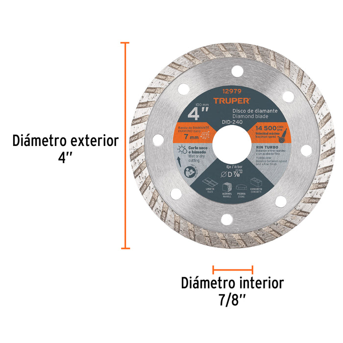 Disco de diamante de 4' x 2.2 mm rin turbo, Truper 12979 DID-240