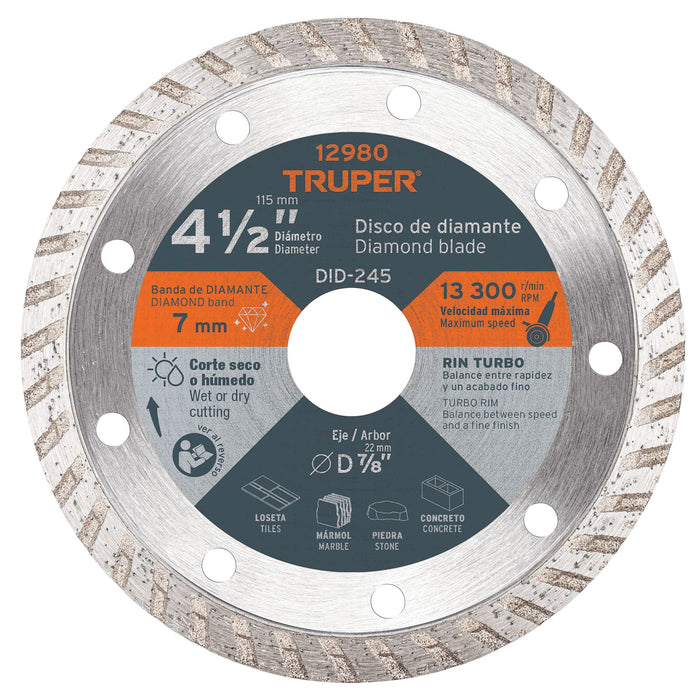 Disco de diamante de 4-1/2' x 2.2 mm rin turbo, Truper 12980 DID-245