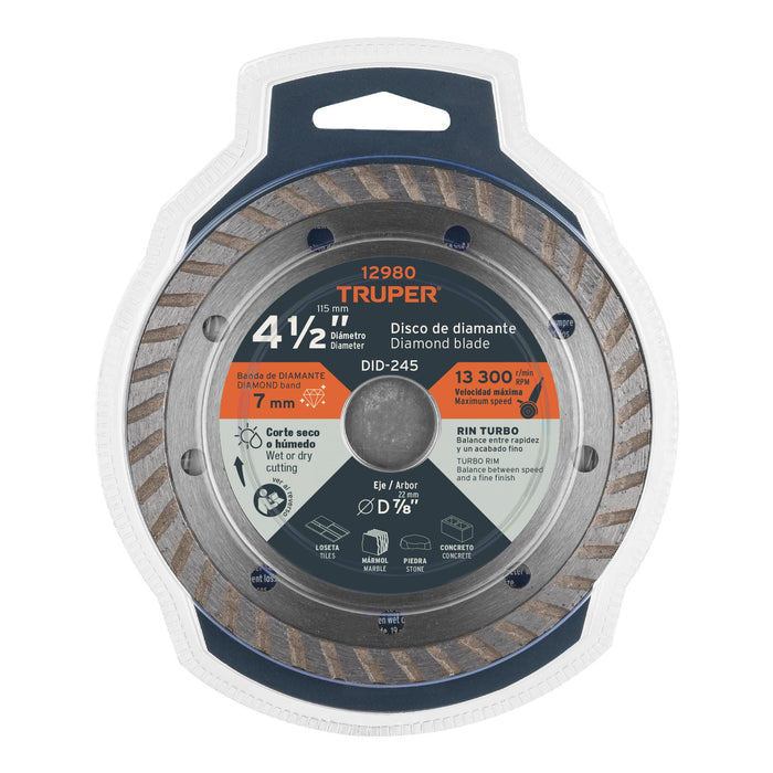 Disco de diamante de 4-1/2' x 2.2 mm rin turbo, Truper 12980 DID-245