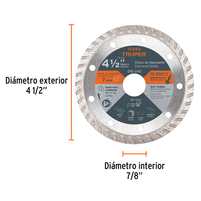 Disco de diamante de 4-1/2' x 2.2 mm rin turbo, Truper 12980 DID-245