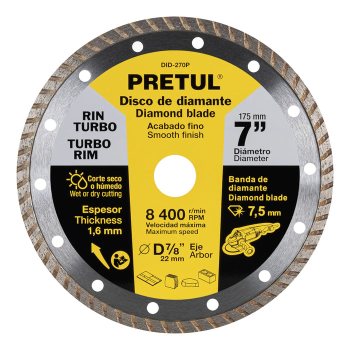 Disco de diamante de 7' x 1.6 mm rin turbo, Pretul 27018 DID-270P