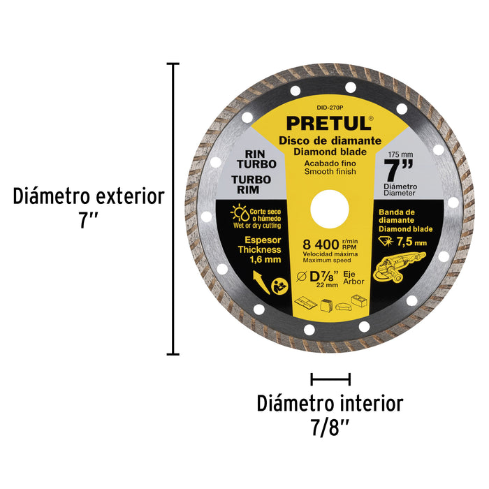 Disco de diamante de 7' x 1.6 mm rin turbo, Pretul 27018 DID-270P