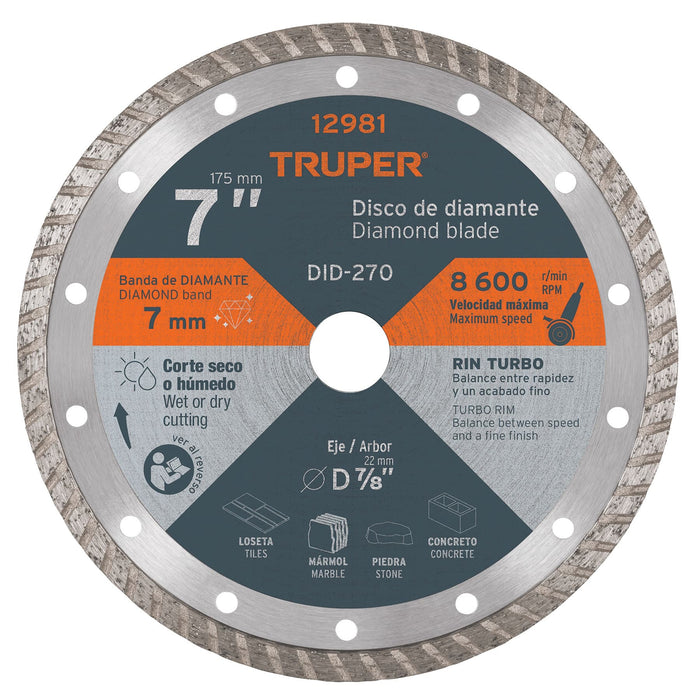 Disco de diamante de 7' x 2.8 mm rin turbo, Truper 12981 DID-270