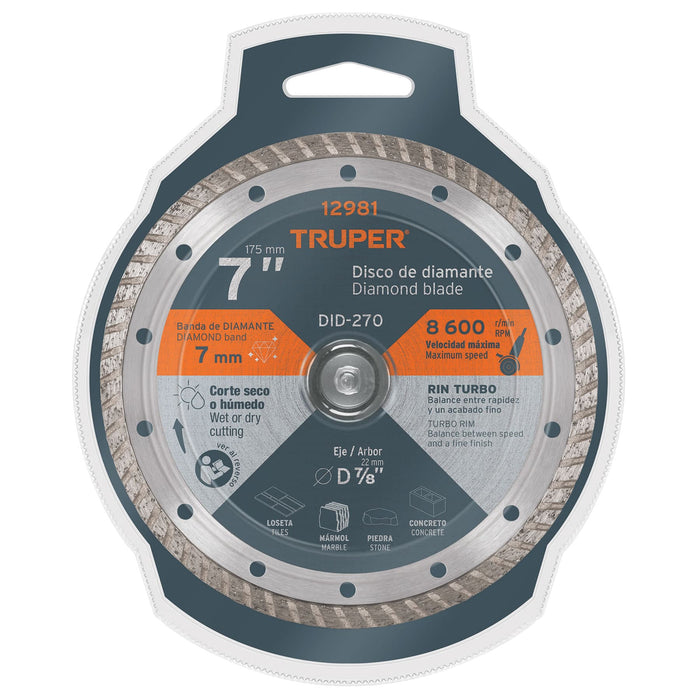 Disco de diamante de 7' x 2.8 mm rin turbo, Truper 12981 DID-270