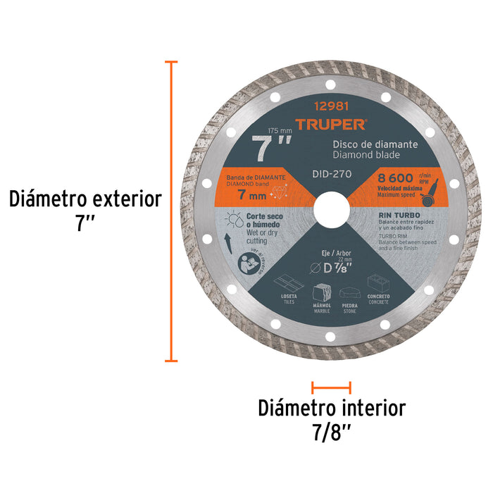Disco de diamante de 7' x 2.8 mm rin turbo, Truper 12981 DID-270