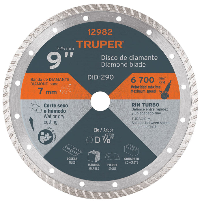 Disco de diamante de 9' x 3 mm rin turbo, Truper 12982 DID-290