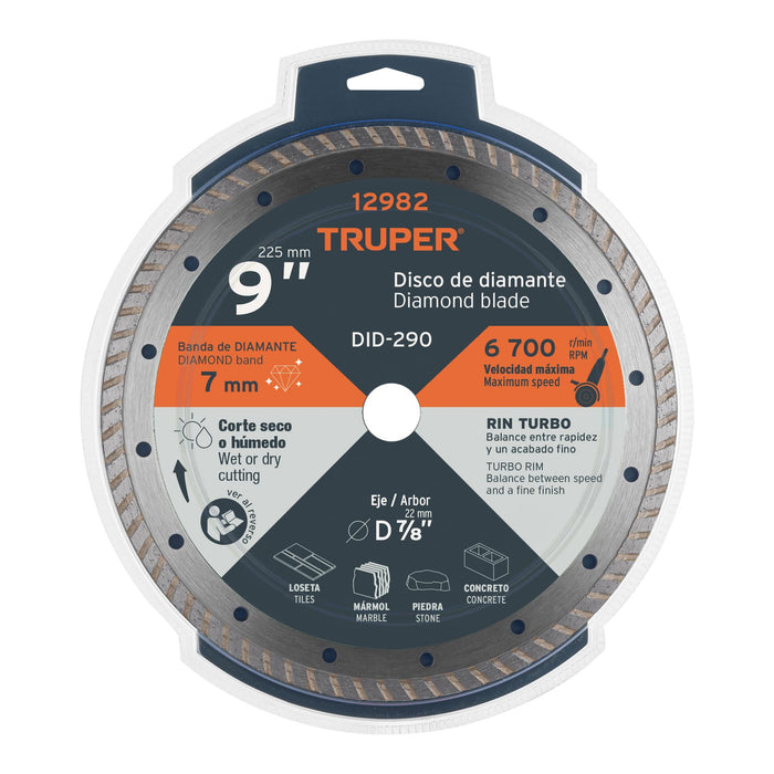 Disco de diamante de 9' x 3 mm rin turbo, Truper 12982 DID-290