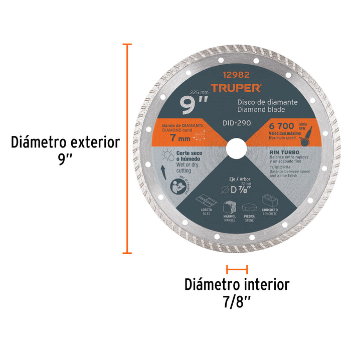 Disco de diamante de 9' x 3 mm rin turbo, Truper 12982 DID-290