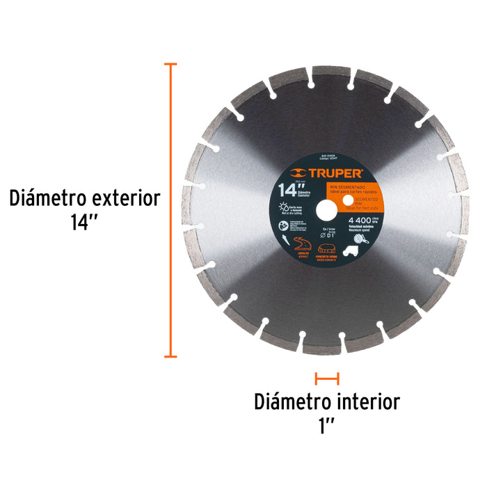 Disco de diamante de 14' x 2.8 mm corte asfalto y concreto 12547 DID-3140A