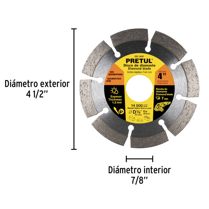 Disco de diamante de 4' x 1.2 mm rin segmentado, Pretul 27031 DID-340P