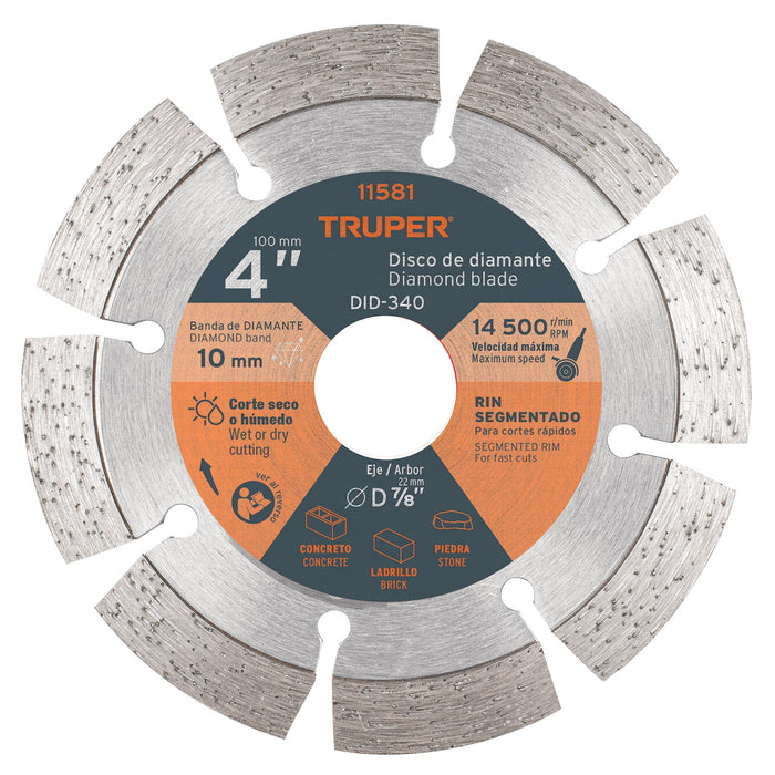 Disco de diamante de 4' x 2.1 mm rin segmentado, Truper 11581 DID-340