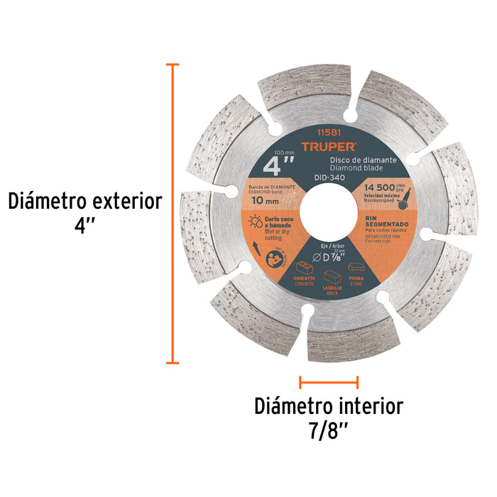 Disco de diamante de 4' x 2.1 mm rin segmentado, Truper 11581 DID-340