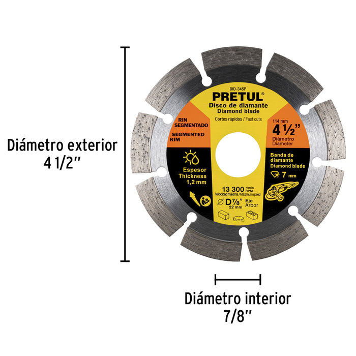 Disco de diamante de 4-1/2' x 1.2 mm rin segmentado, Pretul 27032 DID-345P