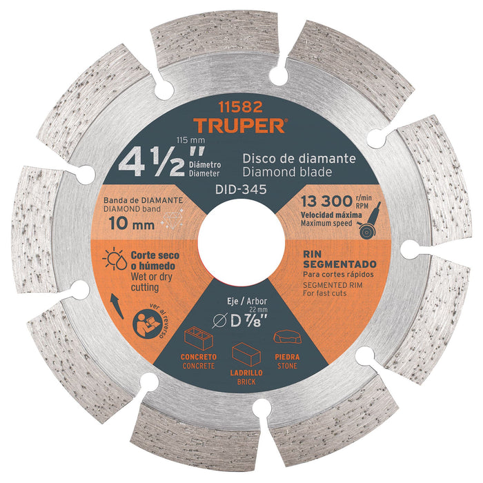 Disco de diamante de 4-1/2' x 2.1 mm rin segmentado, Truper 11582 DID-345