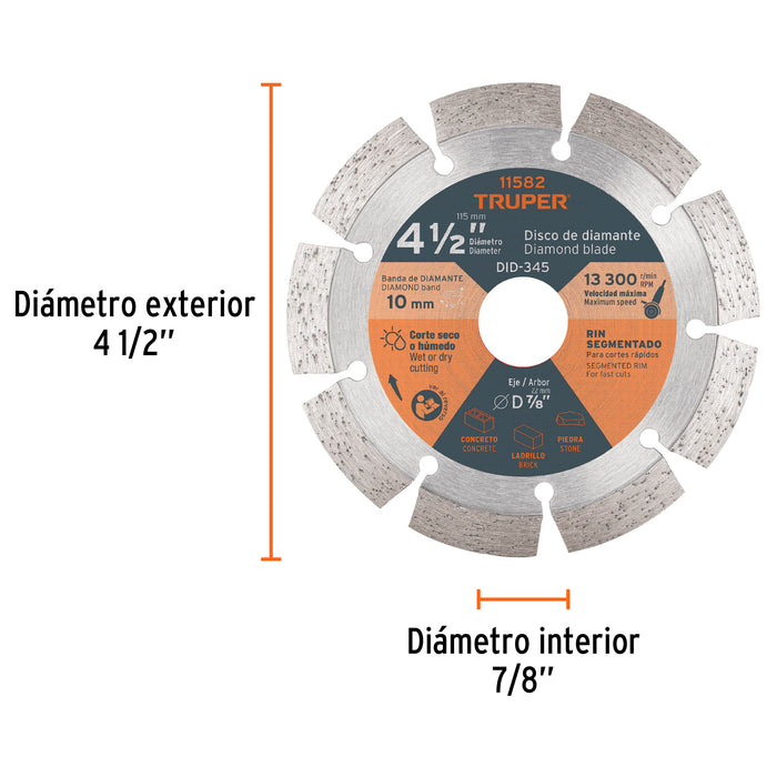 Disco de diamante de 4-1/2' x 2.1 mm rin segmentado, Truper 11582 DID-345