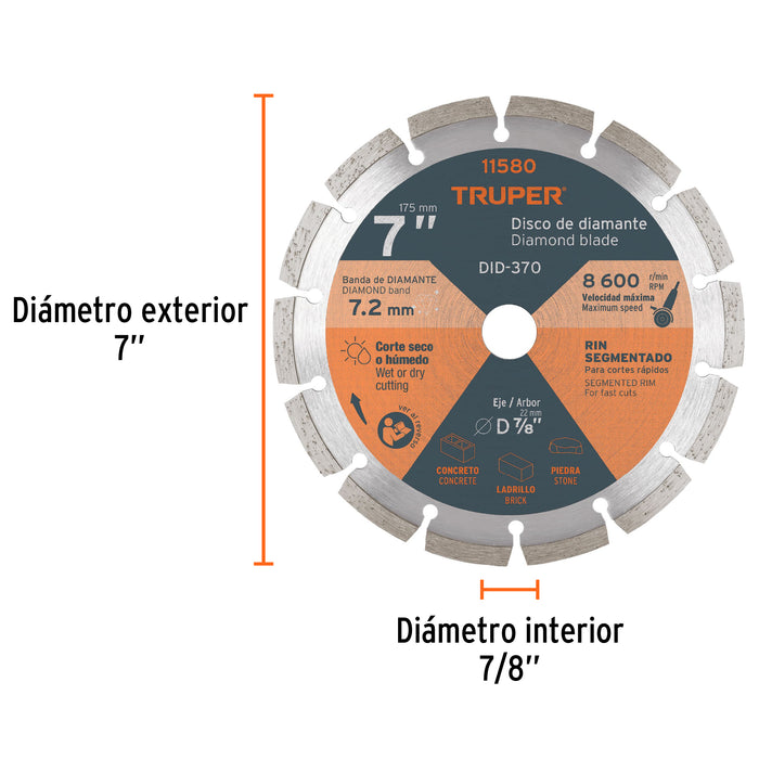Disco de diamante de 7' x 2.5 mm rin segmentado, Truper 11580 DID-370