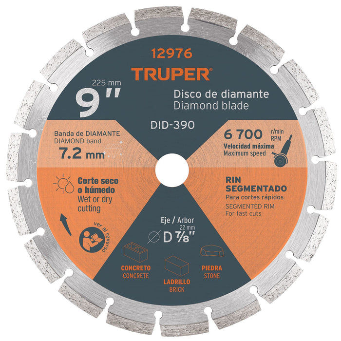 Disco de diamante de 9' x 2.7 mm rin segmentado, Truper 12976 DID-390