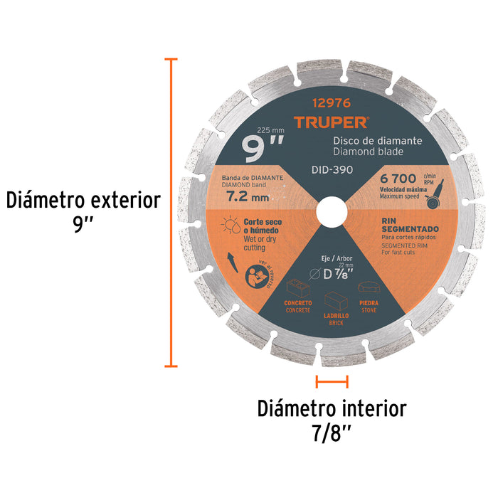 Disco de diamante de 9' x 2.7 mm rin segmentado, Truper 12976 DID-390