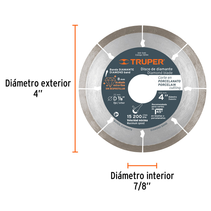 Disco de diamante de 4' x 1.3 mm corte de porcelanato 15194 DID-540