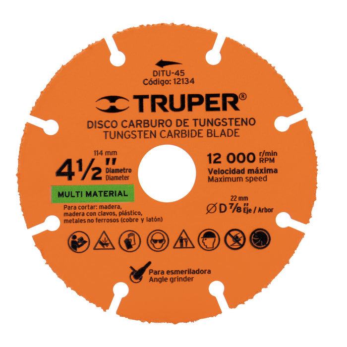 Disco 4-1/2' multimaterial de carburo de tungsteno, Truper 12134 DITU-45