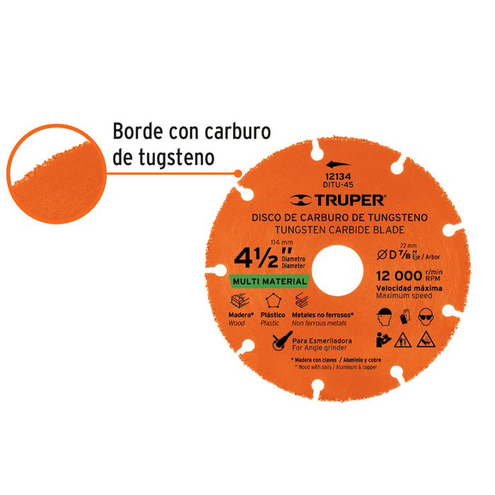 Disco 4-1/2' multimaterial de carburo de tungsteno, Truper 12134 DITU-45