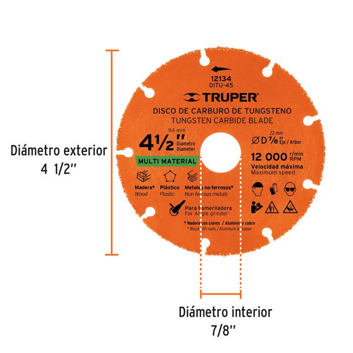 Disco 4-1/2' multimaterial de carburo de tungsteno, Truper 12134 DITU-45