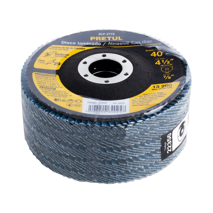 Disco 4-1/2' laminado grano 40 centro 7/8', Pretul 22350 DLP-2716