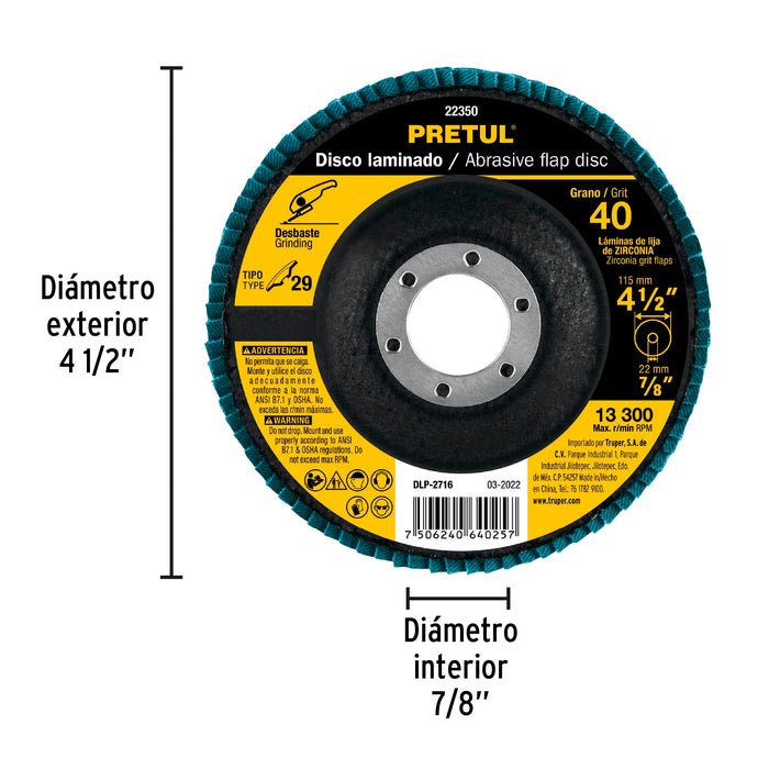 Disco 4-1/2' laminado grano 40 centro 7/8', Pretul 22350 DLP-2716