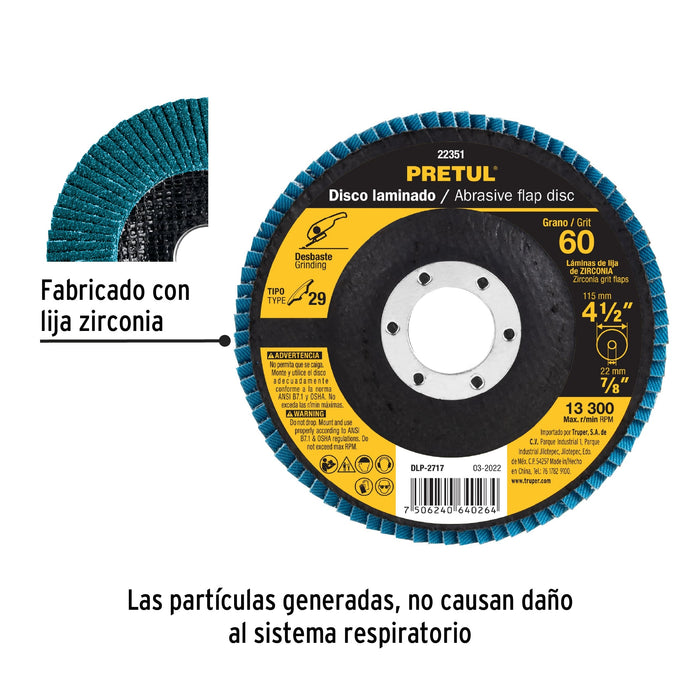 Disco 4-1/2' laminado grano 60 centro 7/8', Pretul 22351 DLP-2717