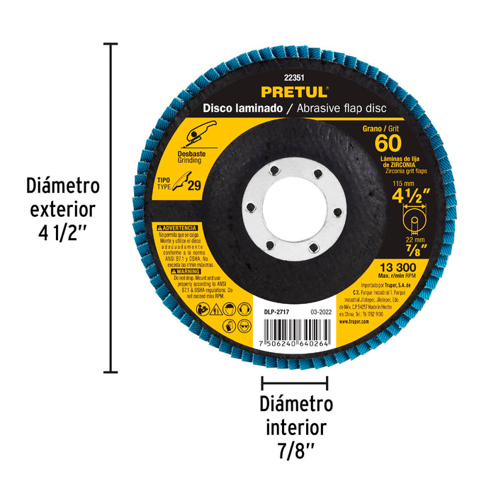 Disco 4-1/2' laminado grano 60 centro 7/8', Pretul 22351 DLP-2717