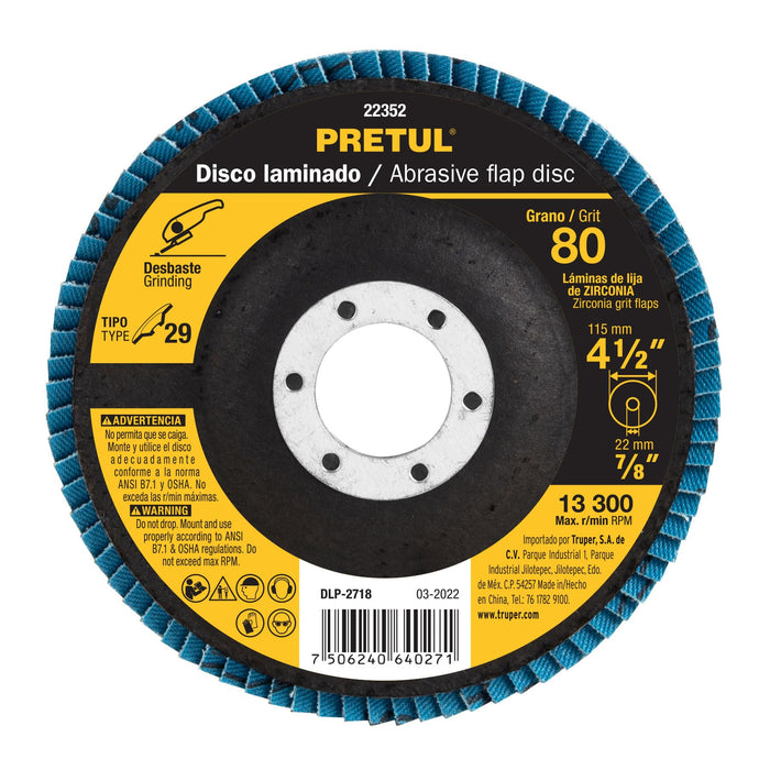 Disco 4-1/2' laminado grano 80 centro 7/8', Pretul 22352 DLP-2718