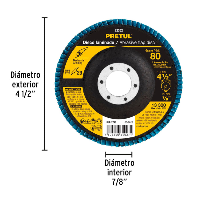Disco 4-1/2' laminado grano 80 centro 7/8', Pretul 22352 DLP-2718