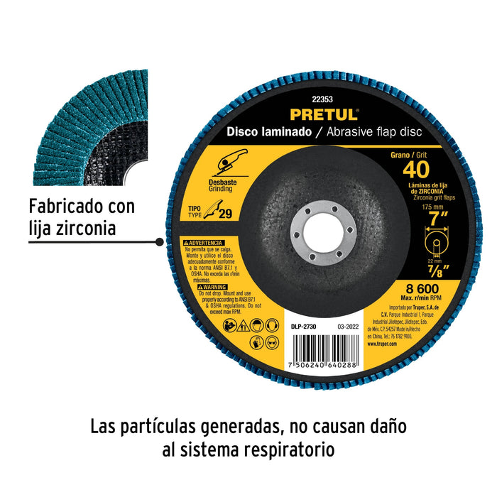 Disco 7' laminado grano 40 centro 7/8', Pretul 22353 DLP-2730