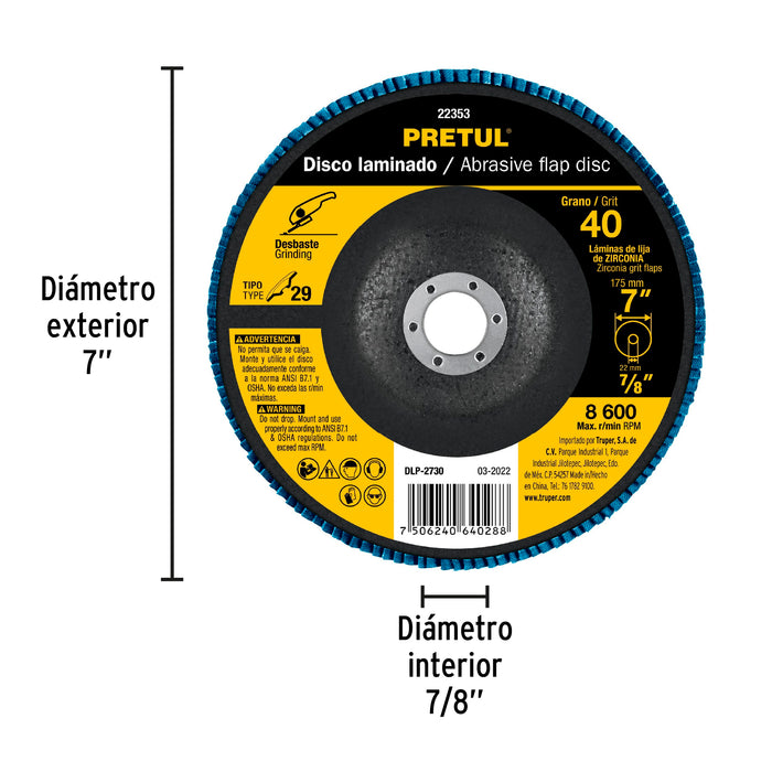 Disco 7' laminado grano 40 centro 7/8', Pretul 22353 DLP-2730