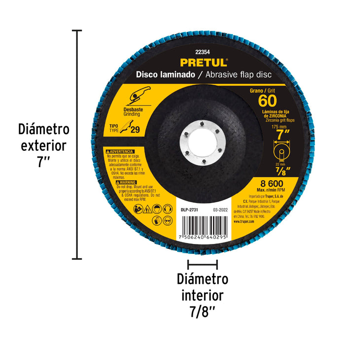 Disco 7' laminado grano 60 centro 7/8', Pretul 22354 DLP-2731