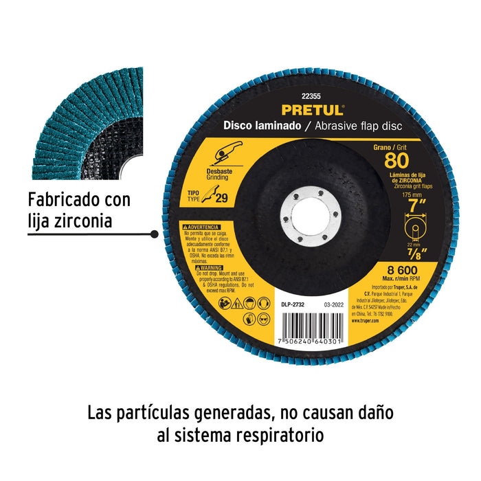 Disco 7' laminado grano 80 centro 7/8', Pretul 22355 DLP-2732