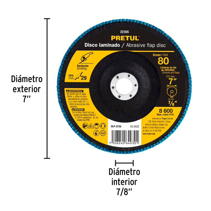 Disco 7' laminado grano 80 centro 7/8', Pretul 22355 DLP-2732