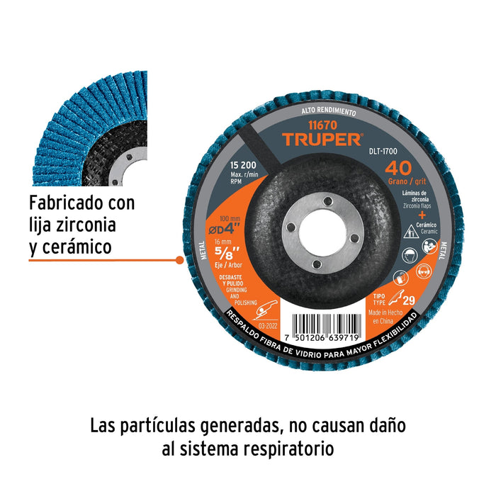 Disco laminado 4', grano 40 centro 5/8', Truper 11670 DLT-1700