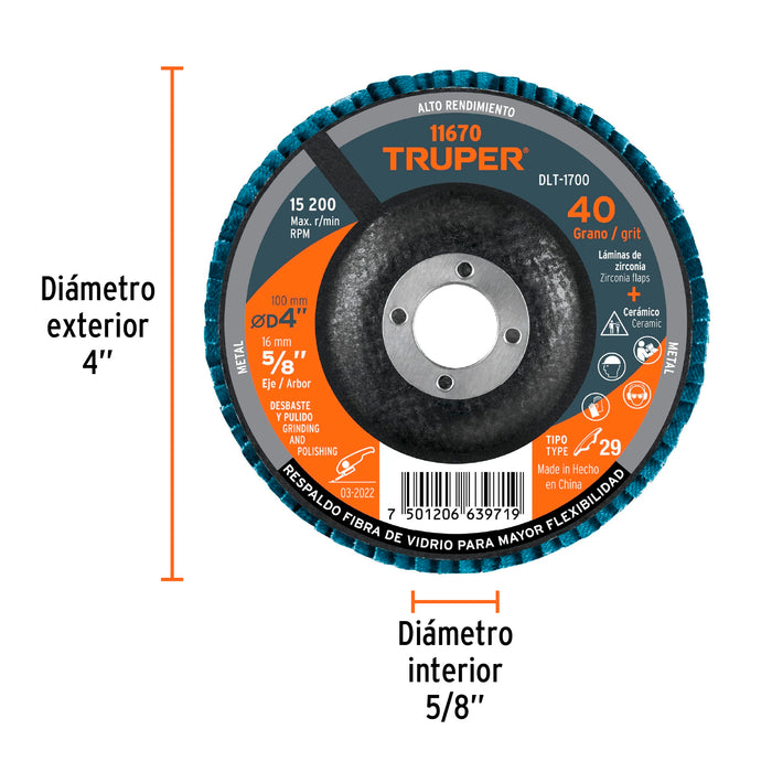 Disco laminado 4', grano 40 centro 5/8', Truper 11670 DLT-1700