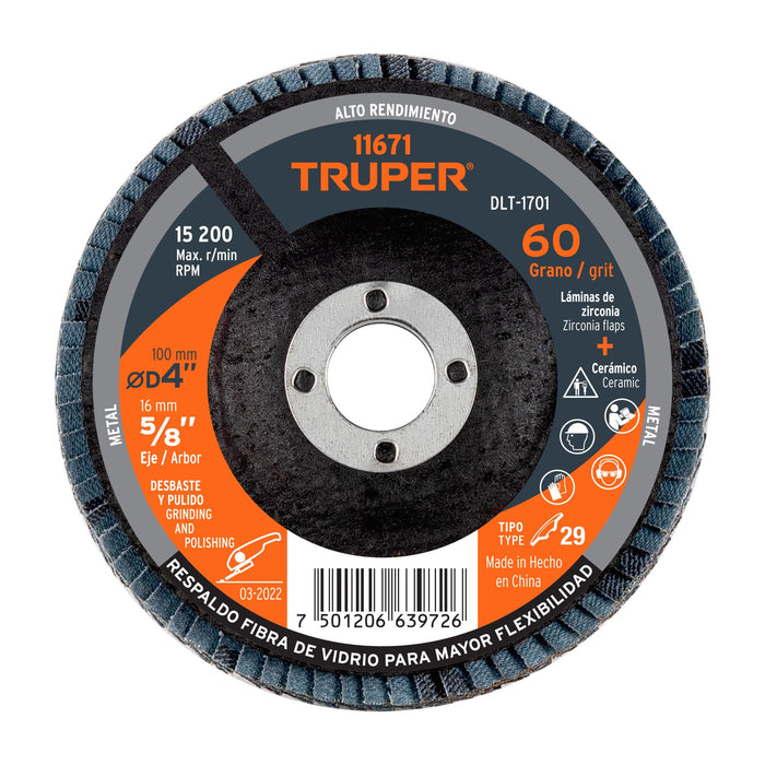 Disco laminado 4', grano 60 centro 5/8', Truper 11671 DLT-1701