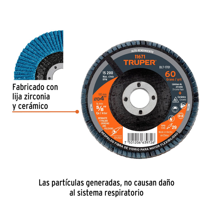 Disco laminado 4', grano 60 centro 5/8', Truper 11671 DLT-1701
