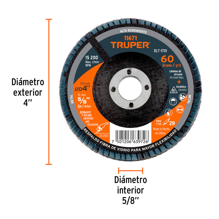 Disco laminado 4', grano 60 centro 5/8', Truper 11671 DLT-1701
