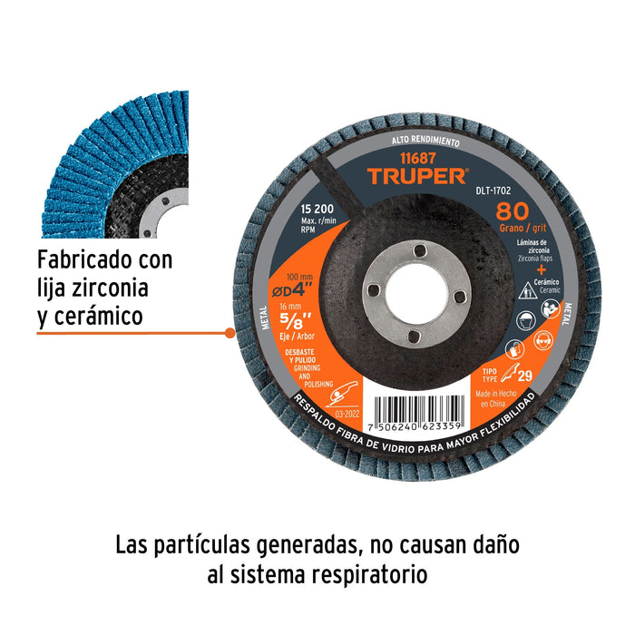 Disco laminado 4', grano 80 centro 5/8', Truper 11687 DLT-1702