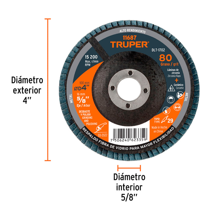 Disco laminado 4', grano 80 centro 5/8', Truper 11687 DLT-1702