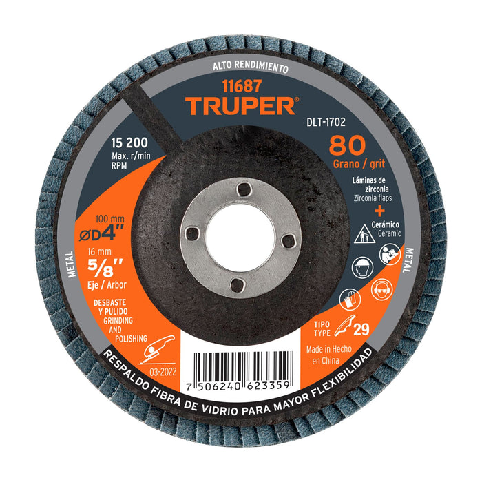 Disco laminado 4', grano 80 centro 5/8', Truper 11687 DLT-1702